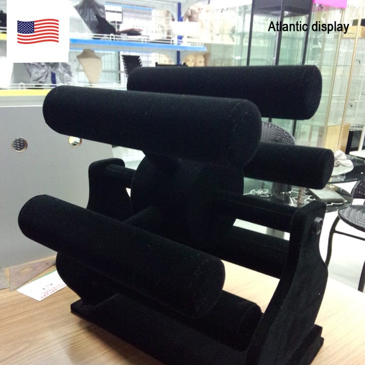 Black Velvet Vertical Jewelry Display Stand - Bracelet & Headband Holder With Hexagonal Wood Base